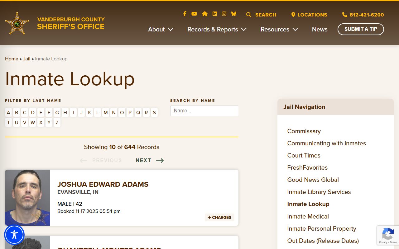 Evansville released inmates Vanderburgh County Sheriff inmate lookup portal