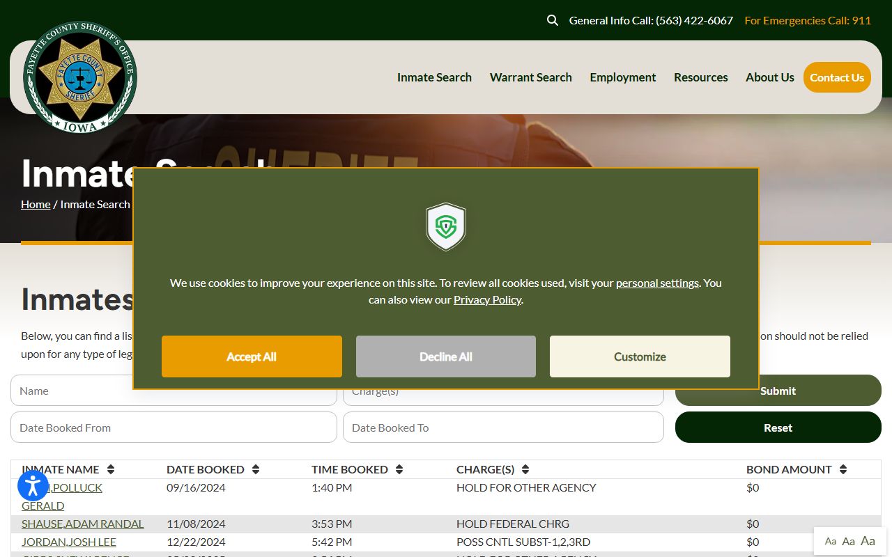 Fayette County Sheriff inmate search page for Fayette County released inmates