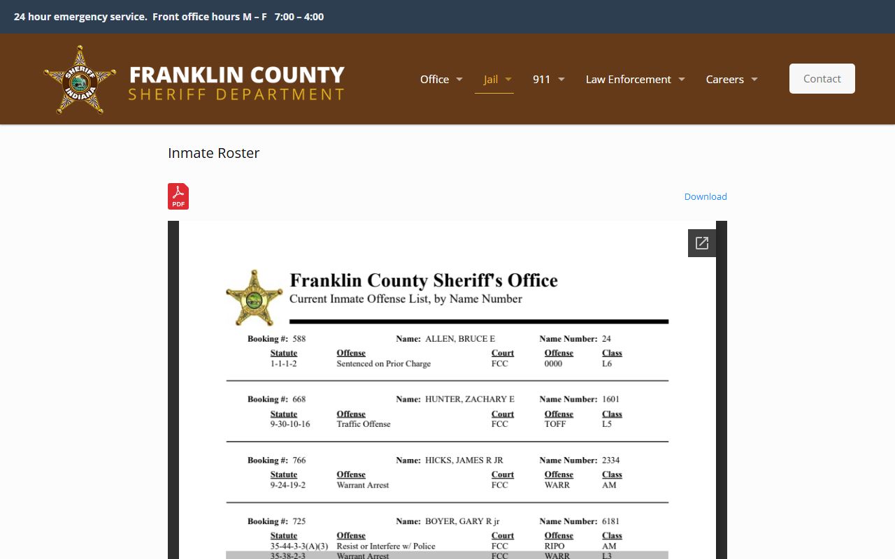 Franklin County Sheriff website for Franklin County released inmates