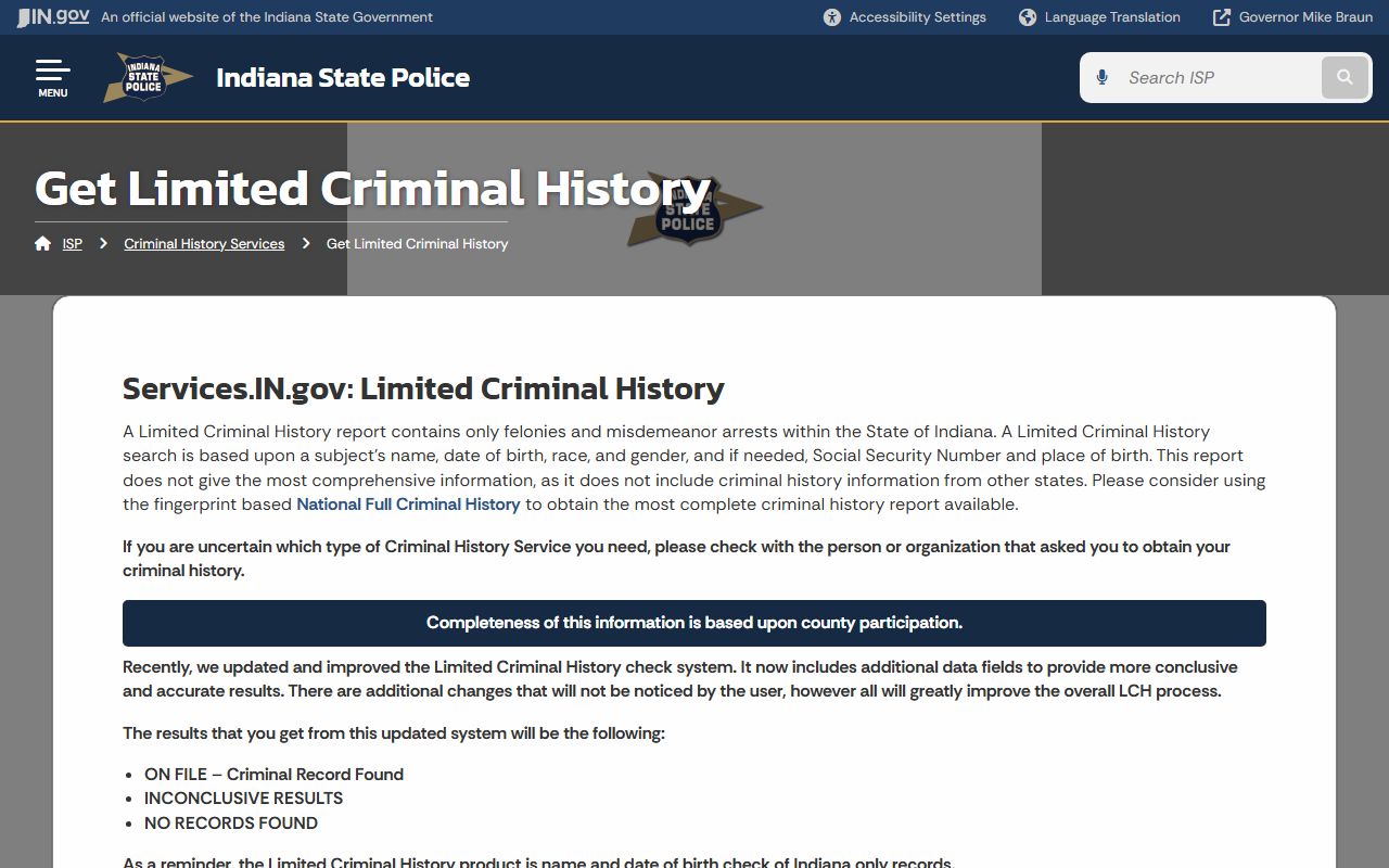 Indiana State Police criminal history request portal for released inmate record searches