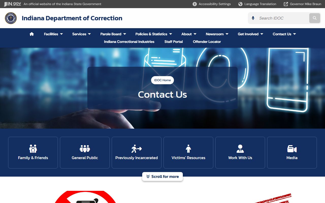 Indiana Department of Correction contact page for released inmate record inquiries
