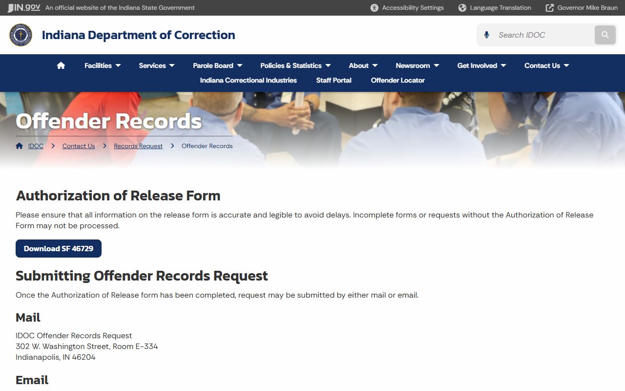 Indiana Department of Correction offender records request page for released inmate information