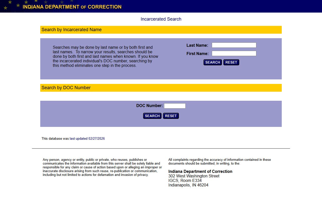 Indiana Offender Locator state prison inmate database for searching released inmates