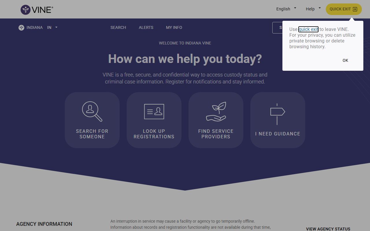 VINELink victim notification system for tracking Indiana released inmates